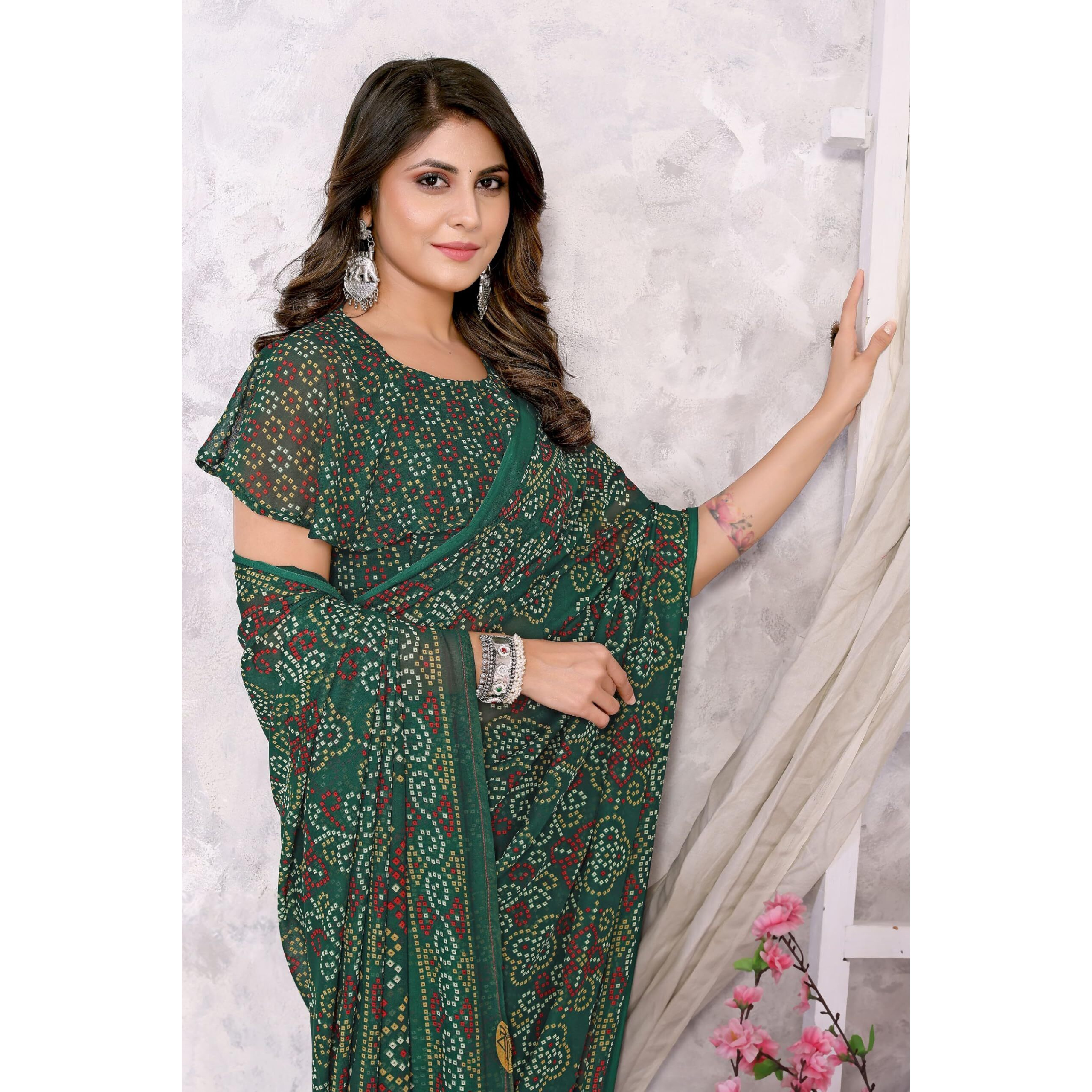Yashika Women's Trendy Printed Georgette Green Color Saree with Blouse Material(TEJU GREEN)