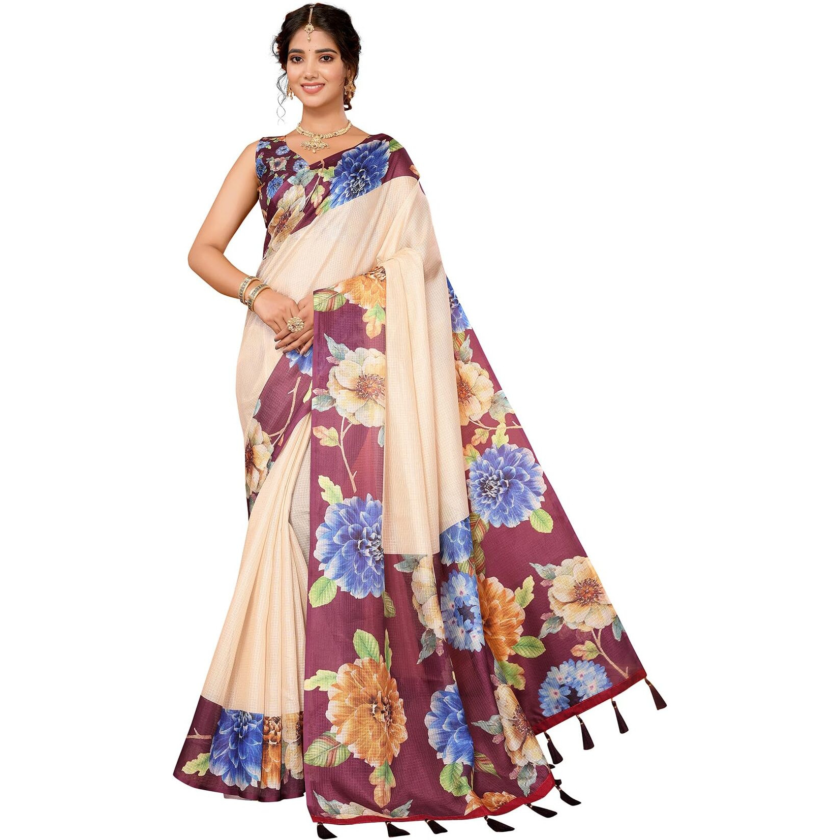 Yashika Digital Print Cotton Silk Kota Checks with Tassels Unstitched Blouse Material Printed Stylish Saree for Women (AZ-YS-P1-KIRTI-Parent_Purple)