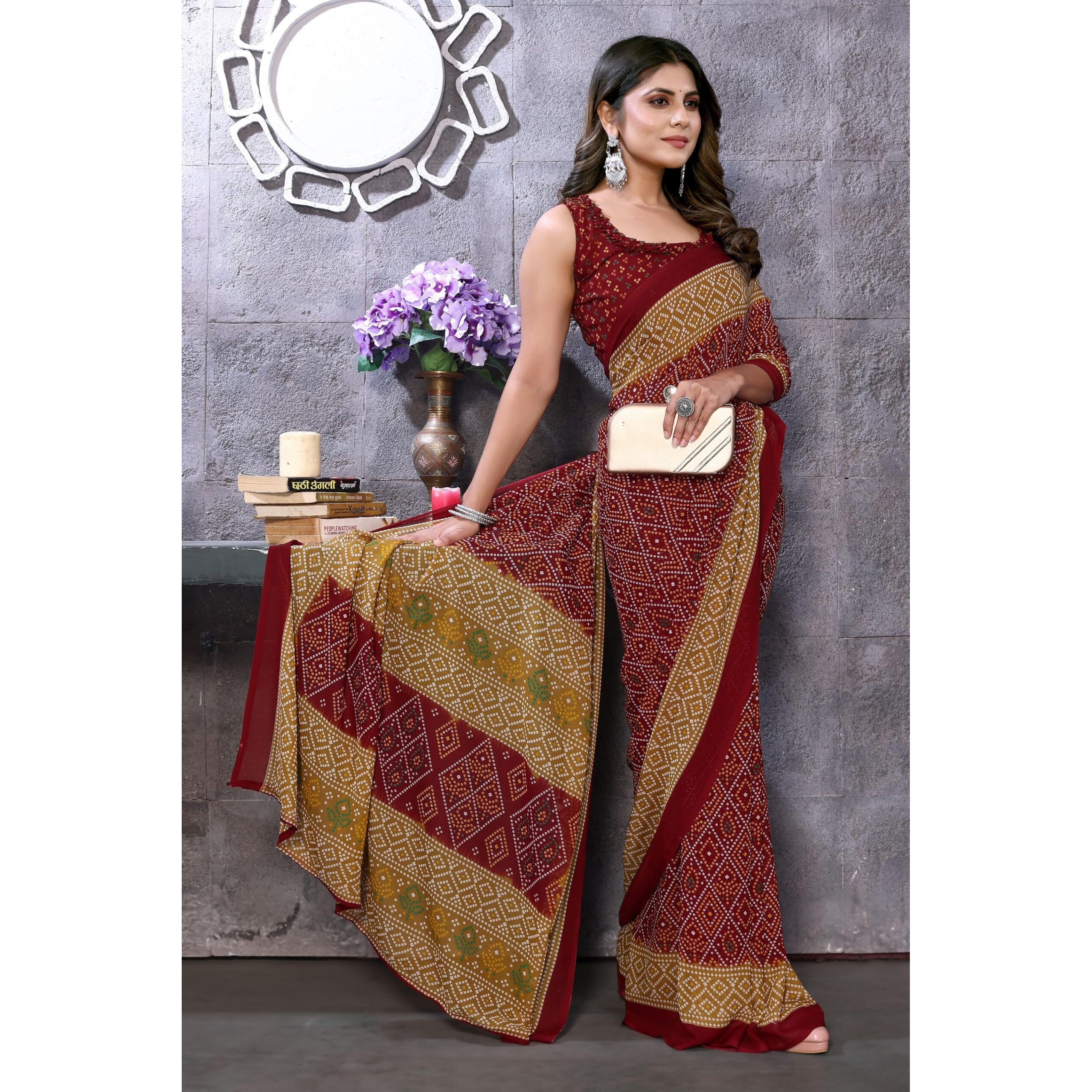 Yashika Women's Trendy Georgette Maroon Color Saree with Blouse Material(BINKAL MAROON)