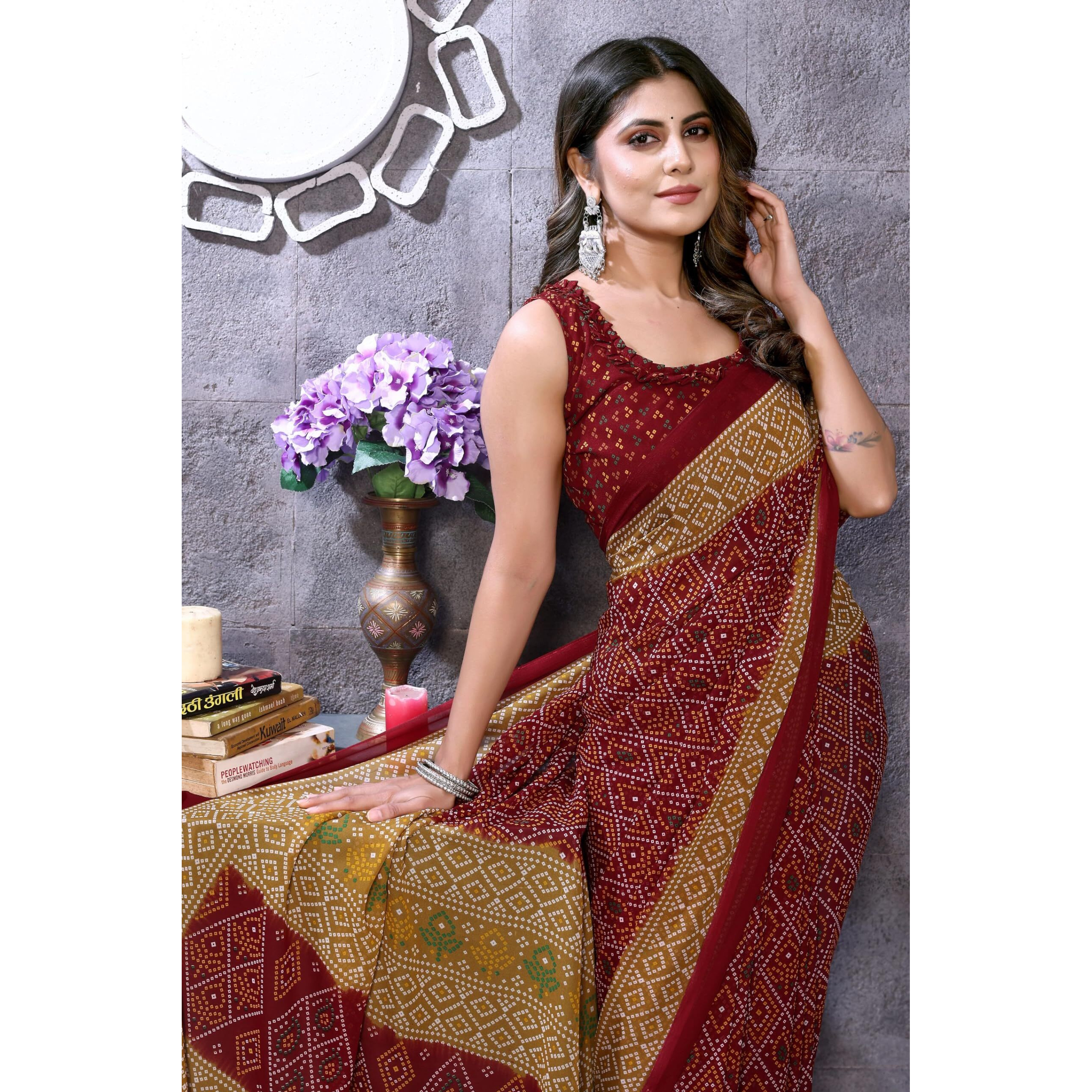 Yashika Women's Trendy Georgette Maroon Color Saree with Blouse Material(BINKAL MAROON)