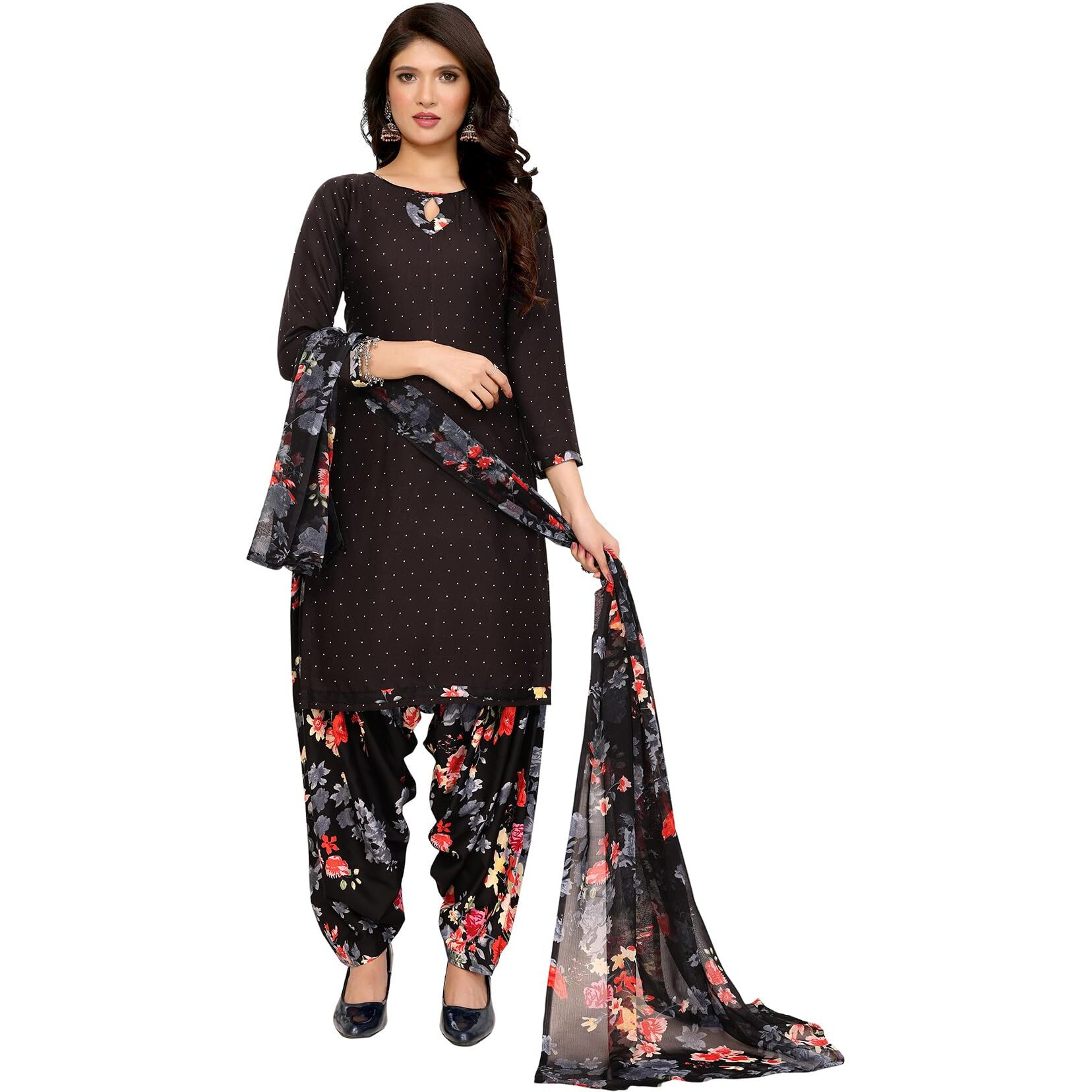 Yashika Women's Printed Dress Material - Unstitched Crepe Fabric Kurti, Pants & Dupatta Set (AZ-YS-P1-BLACK FLOWER)