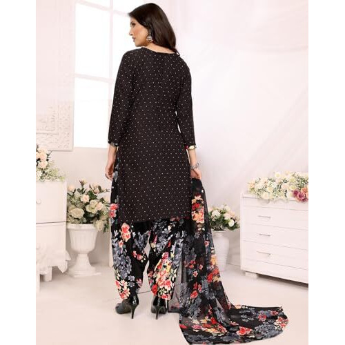 Yashika Women's Printed Dress Material - Unstitched Crepe Fabric Kurti, Pants & Dupatta Set (AZ-YS-P1-BLACK FLOWER)
