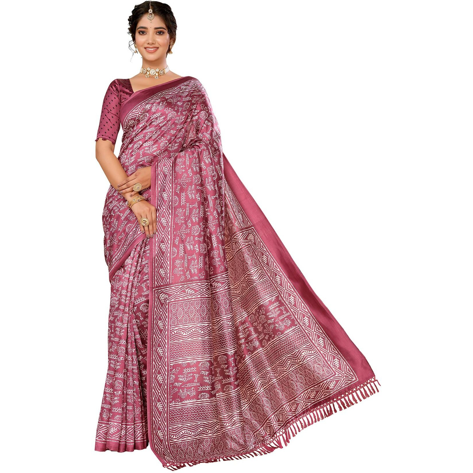 Yashika Women's Jaal Art Silk Printed with Tassels Unstitched Blouse Material Stylish Party Casual Wear Traditional Trendy Saree (AZ-YS-P1-RUPSA-Parent_Purple)