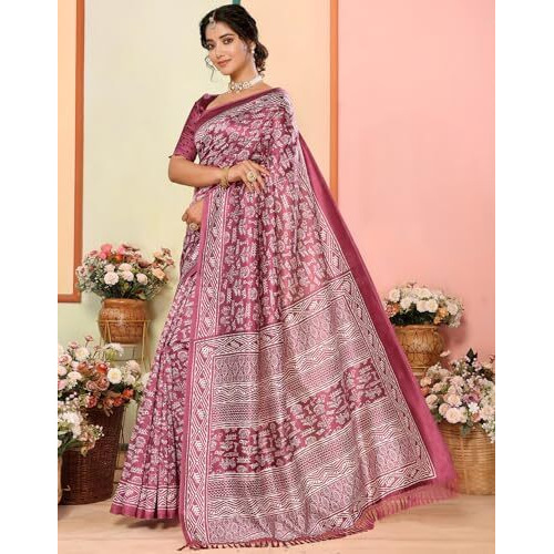 Yashika Women's Jaal Art Silk Printed with Tassels Unstitched Blouse Material Stylish Party Casual Wear Traditional Trendy Saree (AZ-YS-P1-RUPSA-Parent_Purple)