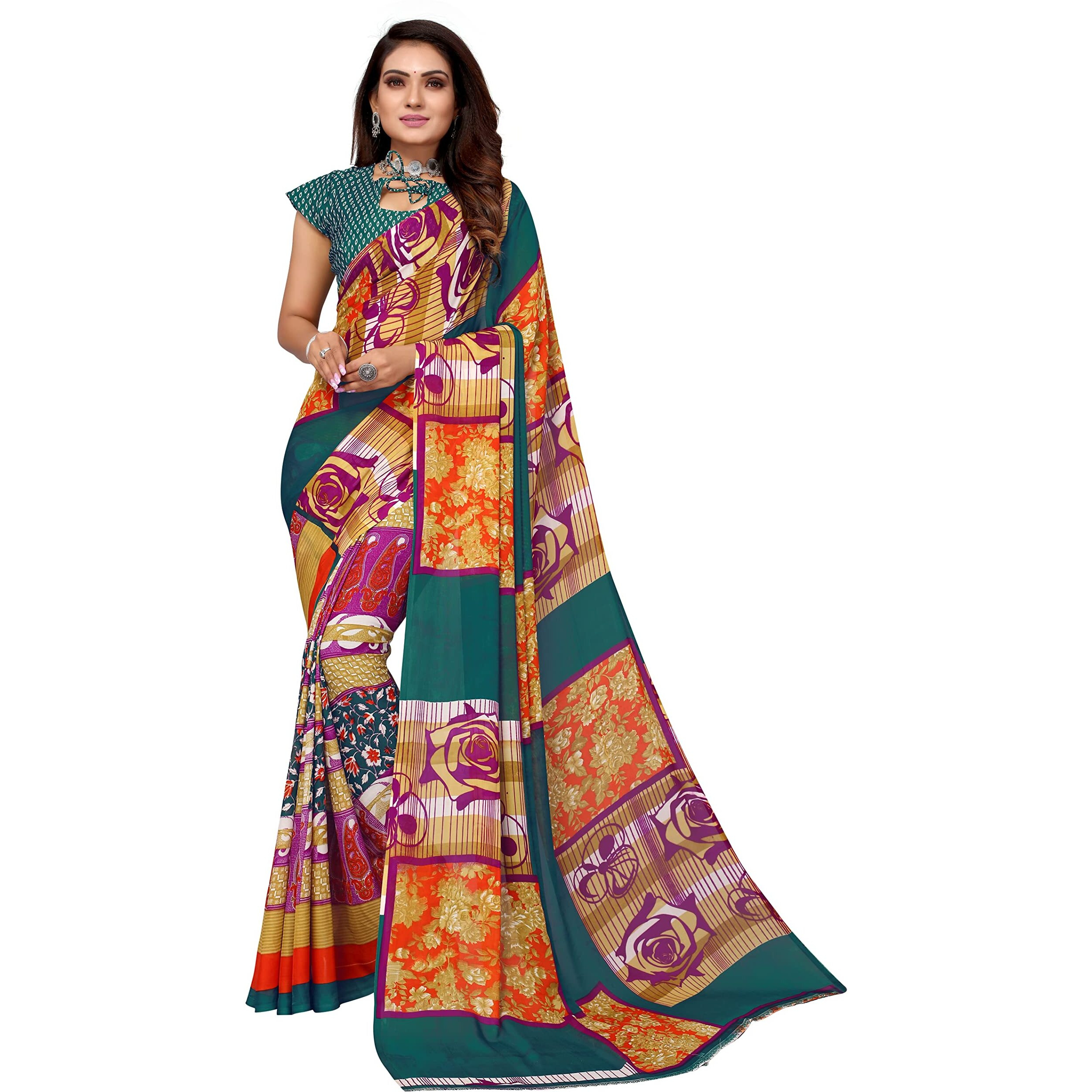 Yashika Womens Georgette Printed Saree With Blouse Piece(MUKUL RAMA_Free Size)