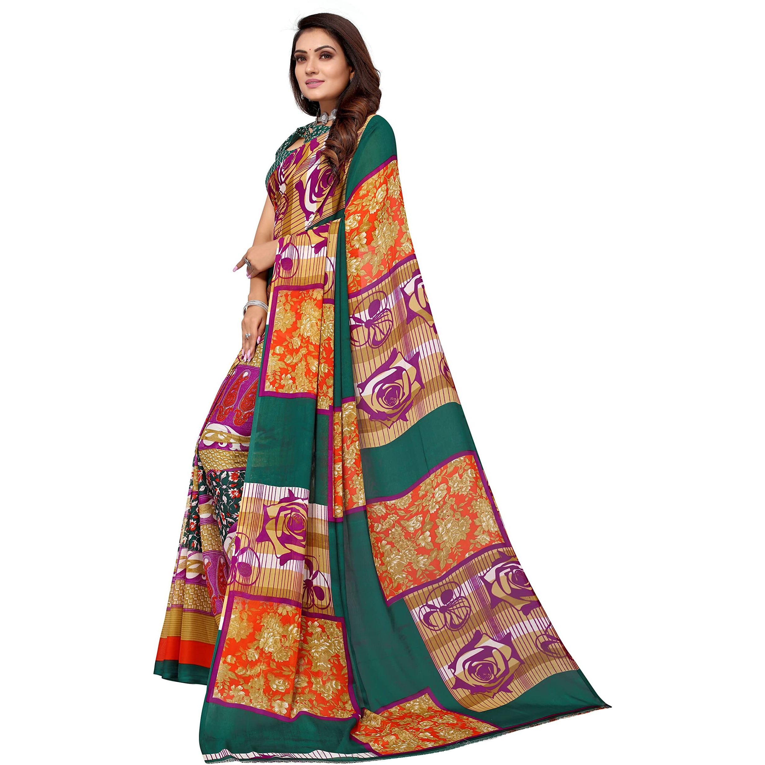 Yashika Womens Georgette Printed Saree With Blouse Piece(MUKUL RAMA_Free Size)