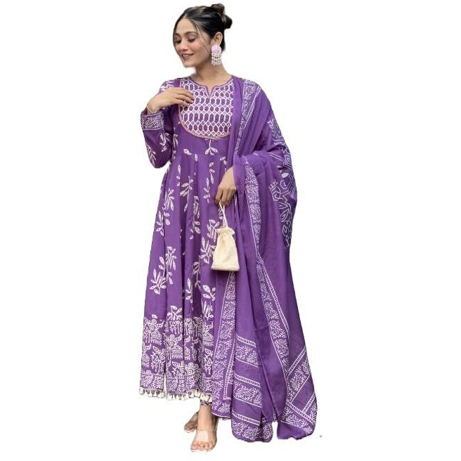 KLOSIA Women Printed Anarkali Kurta and Pant set with Dupatta (IN, Alpha, L, Purple)