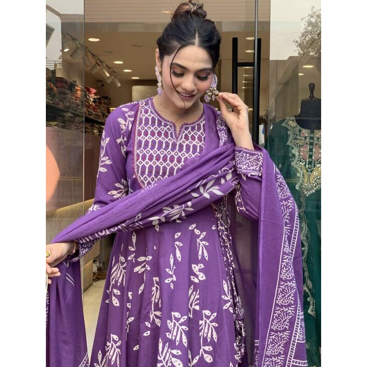 KLOSIA Women Printed Anarkali Kurta and Pant set with Dupatta (IN, Alpha, S, Purple)