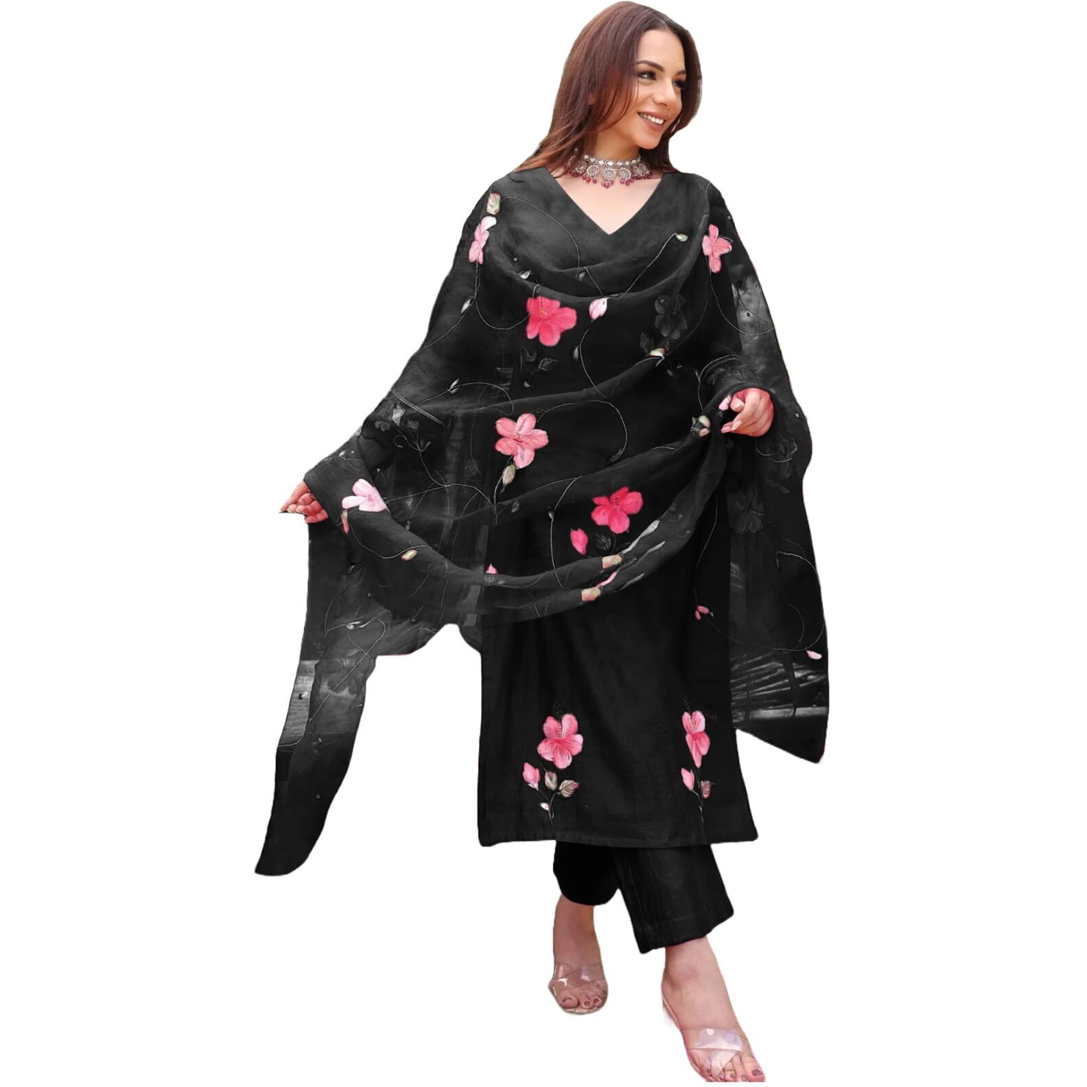 ANNI DESIGNER Women's Rayon Blend Floral Straight Kurta with Pant & Dupatta (ROKA Rani_Black_Medium)