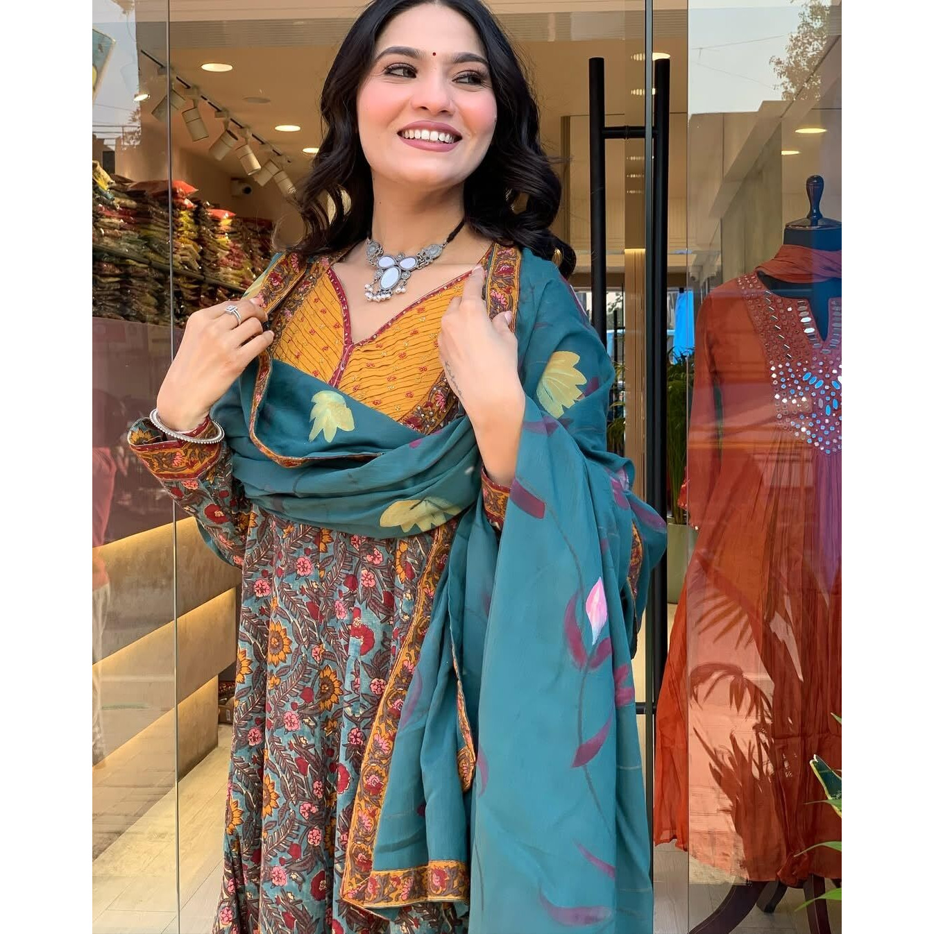 KLOSIA Women Printed Anarkali Kurta and Pant with Dupatta (IN, Alpha, L, Blue)