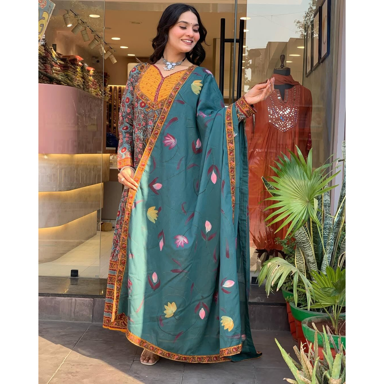 KLOSIA Women Printed Anarkali Kurta and Pant with Dupatta (IN, Alpha, L, Blue)