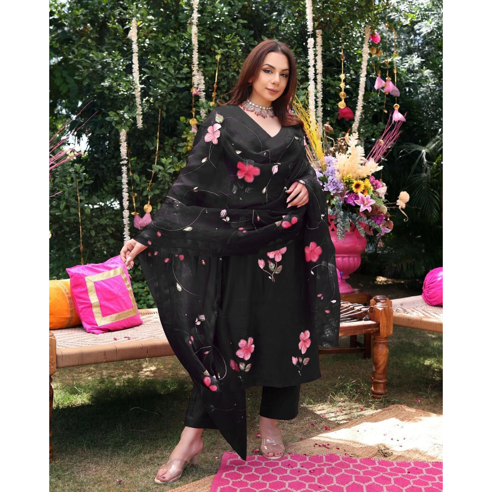 ANNI DESIGNER Women's Rayon Blend Floral Straight Kurta with Pant & Dupatta (ROKA Rani_Black_Small)