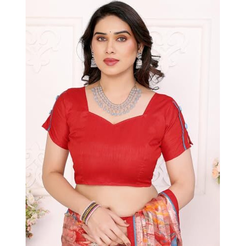 Yashika Women's Printed Georgette Satin Saree with Lace Border and Blouse Material (AZ-YS-P1-SUJATA RED)