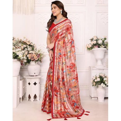 Yashika Women's Printed Georgette Satin Saree with Lace Border and Blouse Material (AZ-YS-P1-SUJATA RED)