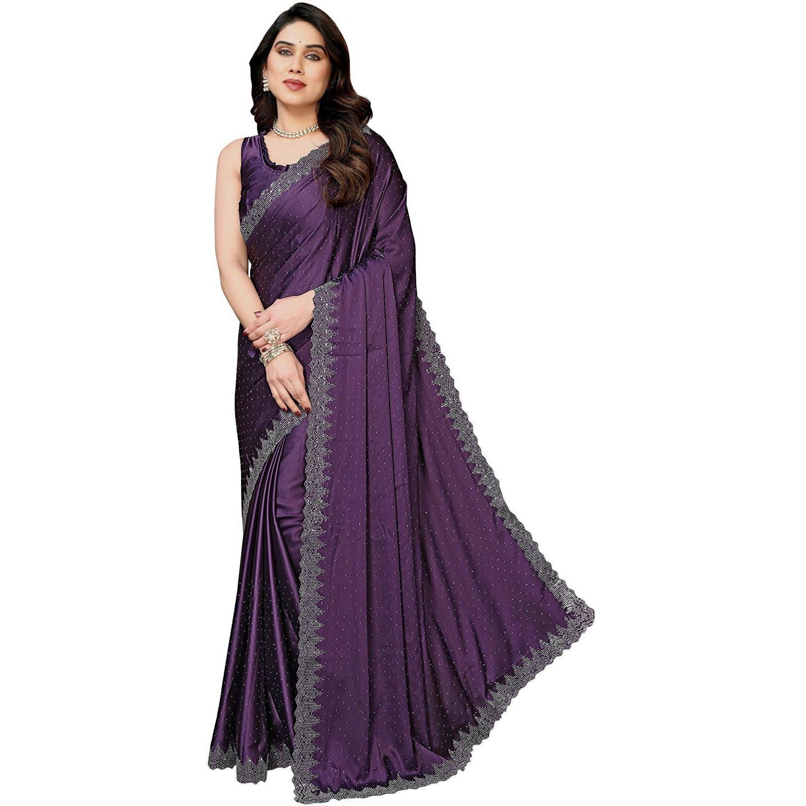 Yashika Women's Hot Fix Work and Solid Color Satin Moss Saree With Unstitched Blouse Material (AZ-YS-P1-PINTU PURPLE)