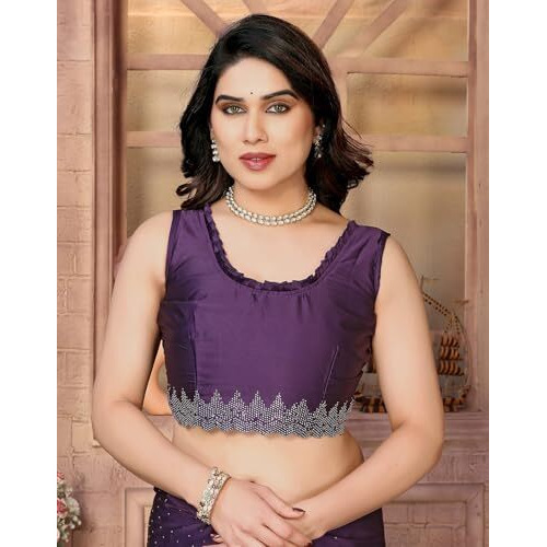 Yashika Women's Hot Fix Work and Solid Color Satin Moss Saree With Unstitched Blouse Material (AZ-YS-P1-PINTU PURPLE)