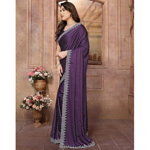 Yashika Women's Hot Fix Work and Solid Color Satin Moss Saree With Unstitched Blouse Material (AZ-YS-P1-PINTU PURPLE)