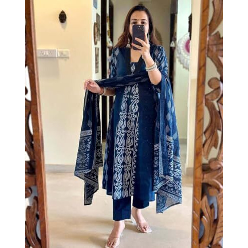 ANNI DESIGNER Women's Rayon Viscose Printed Anarkali Kurta with Pant & Dupatta (JARRY Blue_L_Blue_Large)