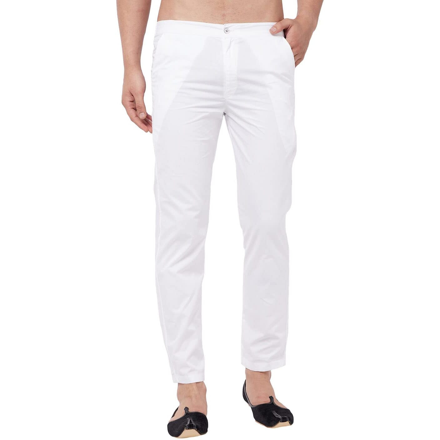 VASTRAMAY Men's White Cotton Lycra Pant Style Pyjama Comfortable Ethnic & Casual Wear with Elastic Waistband & Pockets for Festive/Wedding