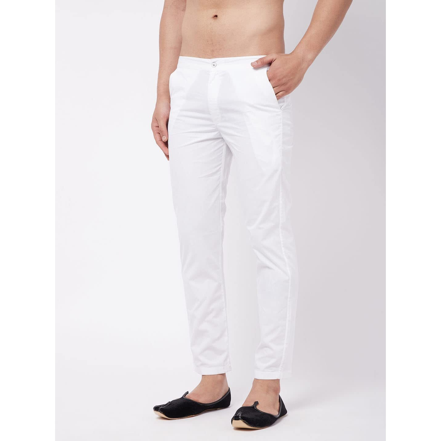 VASTRAMAY Men's White Cotton Lycra Pant Style Pyjama Comfortable Ethnic & Casual Wear with Elastic Waistband & Pockets for Festive/Wedding