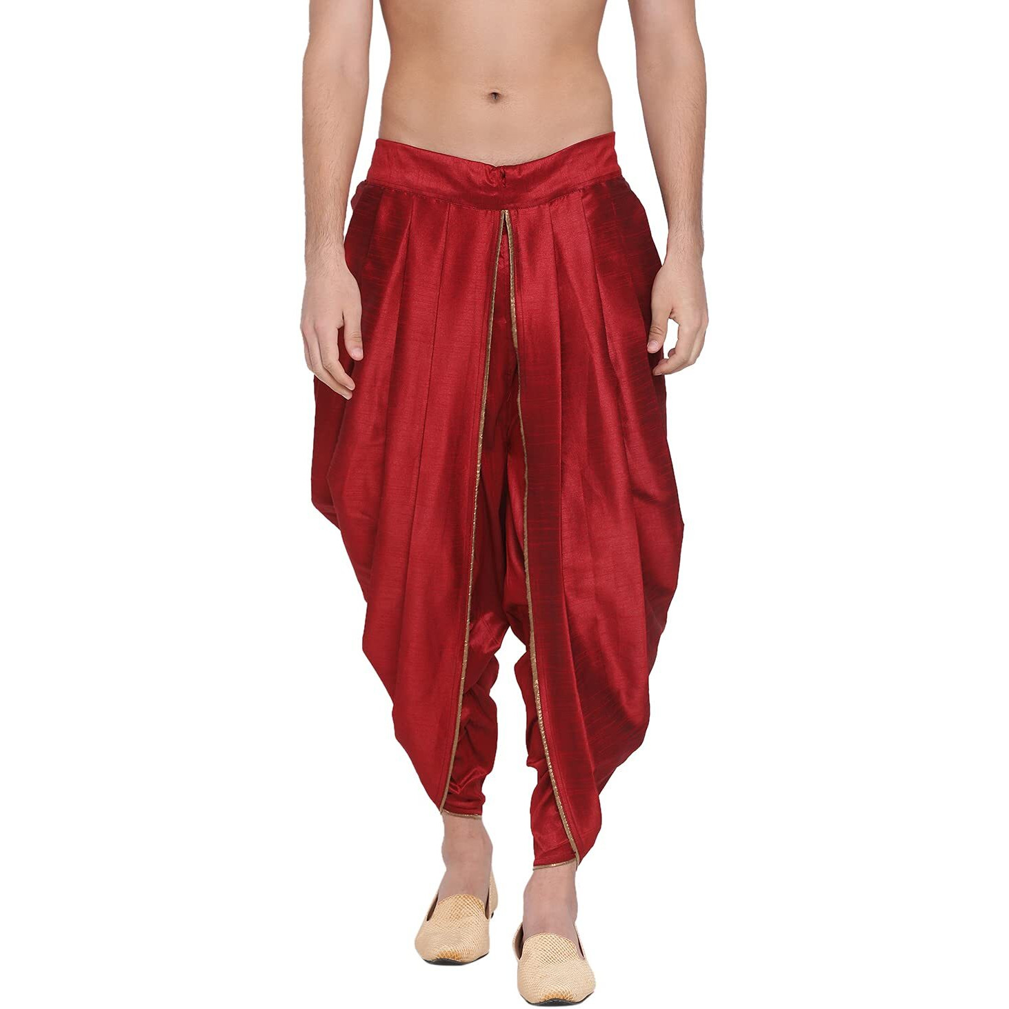 VASTRAMAY Mens Silk Blend Maroon Dhoti - Comfort, Classic Design for Festivals & Ceremonies | Embroidered Machine Weave Versatile Dhoti |Ethnic Indian Wear for Men_VASMRD001MA