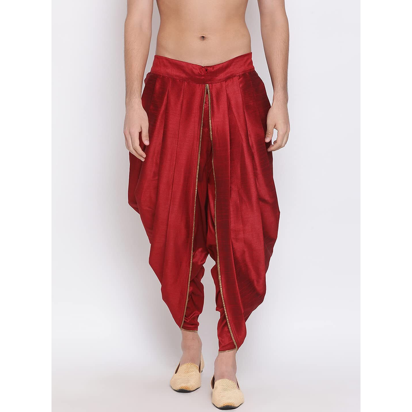 VASTRAMAY Mens Silk Blend Maroon Dhoti - Comfort, Classic Design for Festivals & Ceremonies | Embroidered Machine Weave Versatile Dhoti |Ethnic Indian Wear for Men_VASMRD001MA