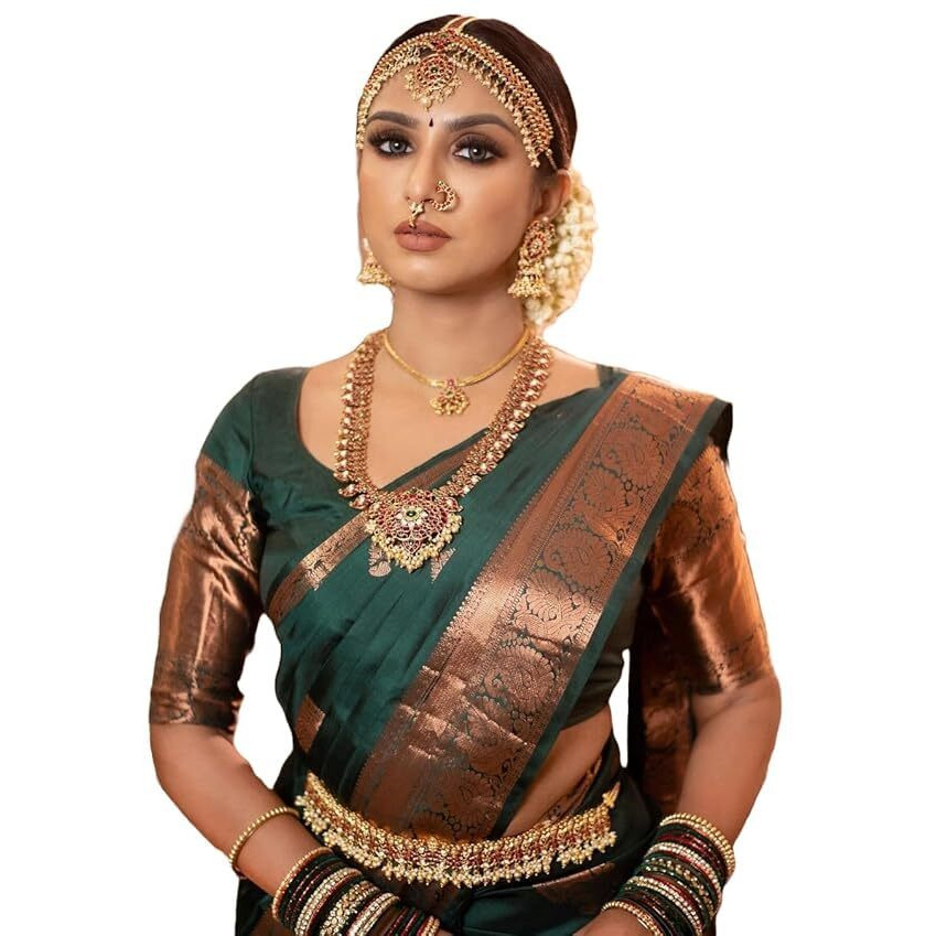 Yashika Women's Banarasi Kanjivaram Cotton Silk Woven Saree with Unstitched Blouse Material (AZ-YS-OG-BIMLA GREEN)