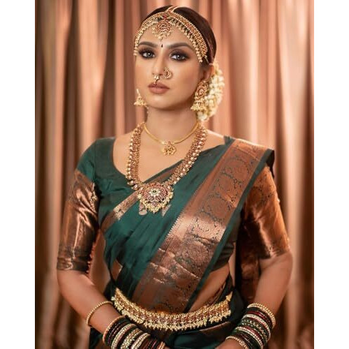 Yashika Women's Banarasi Kanjivaram Cotton Silk Woven Saree with Unstitched Blouse Material (AZ-YS-OG-BIMLA GREEN)