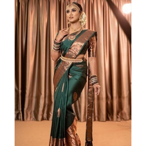 Yashika Women's Banarasi Kanjivaram Cotton Silk Woven Saree with Unstitched Blouse Material (AZ-YS-OG-BIMLA GREEN)