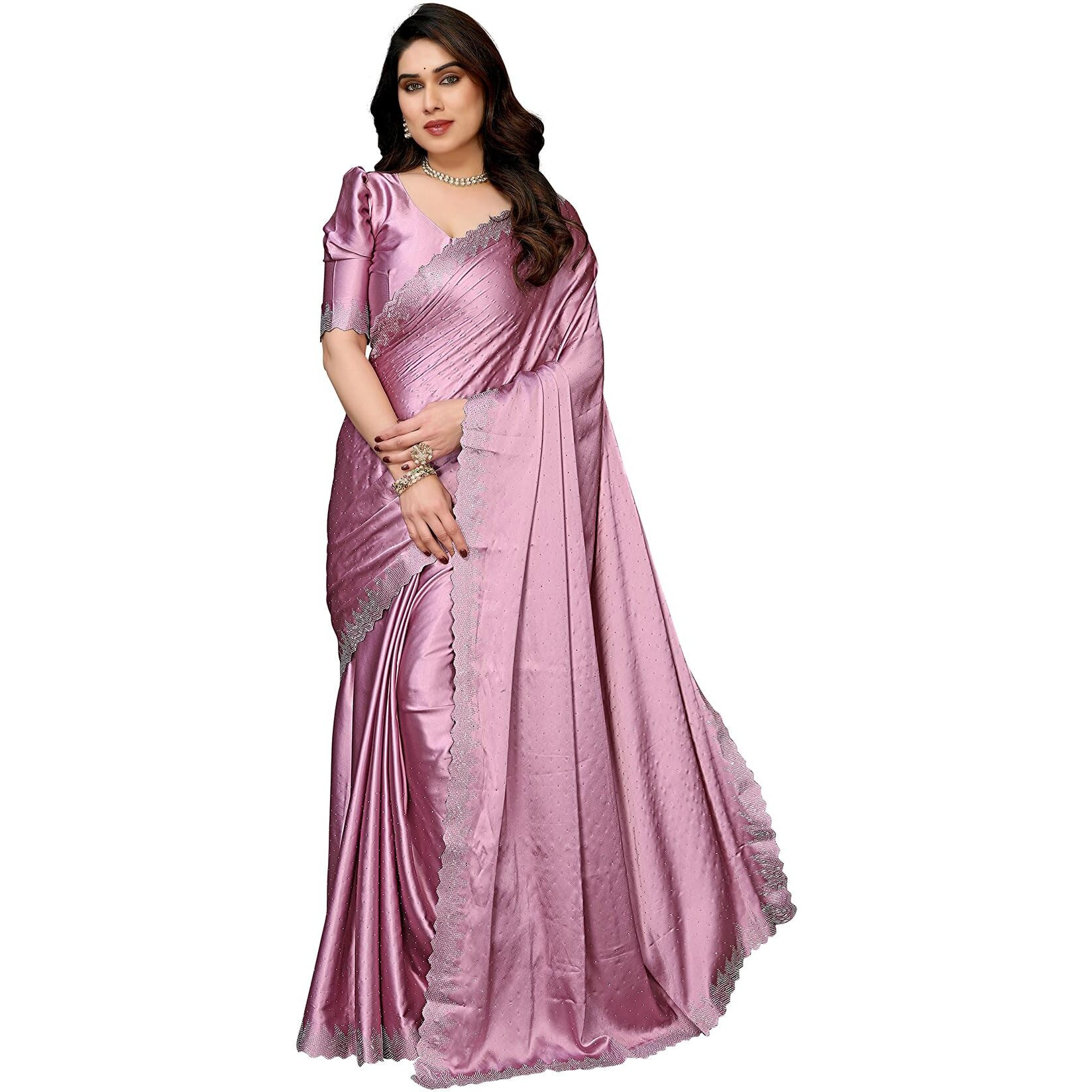 Yashika Women's Hot Fix Work and Solid Color Satin Moss Saree With Unstitched Blouse Material (AZ-YS-P1-PINTU PINK)