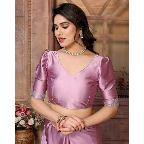 Yashika Women's Hot Fix Work and Solid Color Satin Moss Saree With Unstitched Blouse Material (AZ-YS-P1-PINTU PINK)