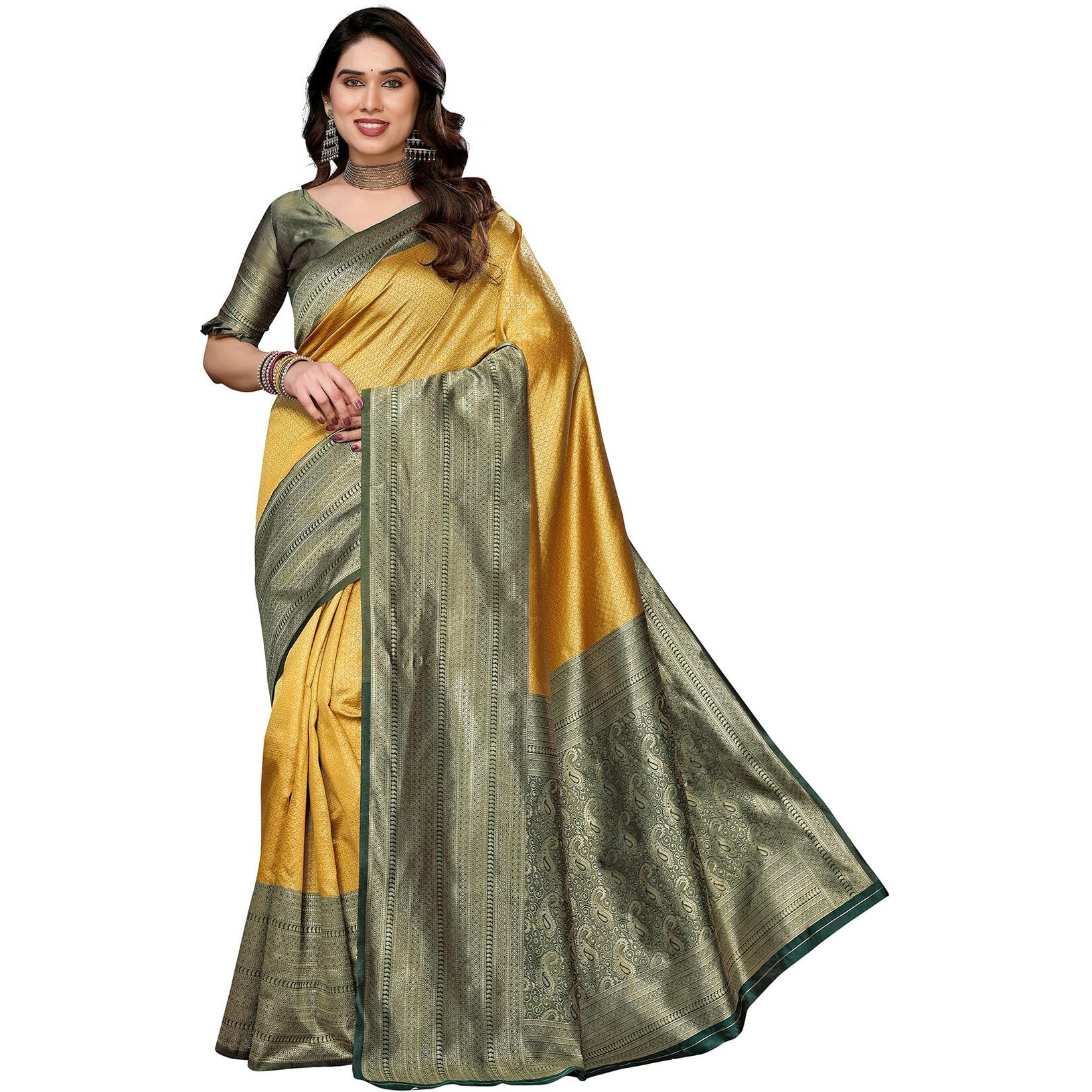 Yashika Women's Banarasi Kanjivaram Art Silk Saree with Blouse Material (AZ-YS-P1-YUKTI YELLOW)
