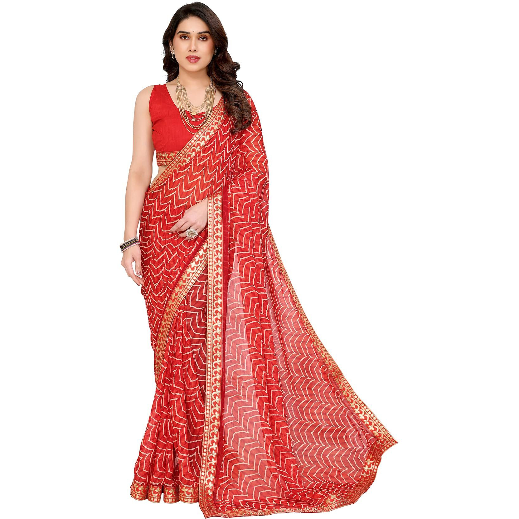 Yashika Women's Printed Georgette Printed Saree With Lace Border and Blouse Material (AZ-YS-P1-SRAVANI RED)