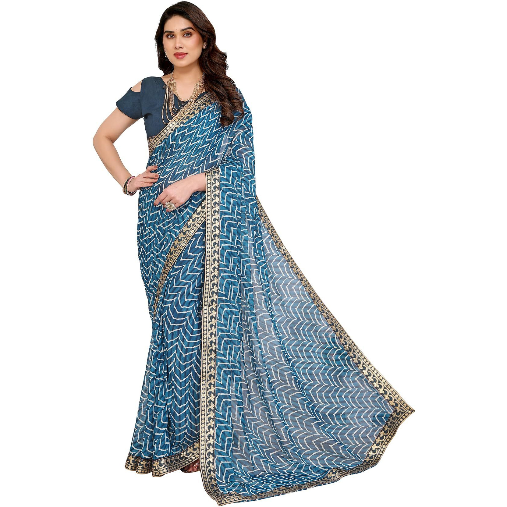 Yashika Women's Printed Georgette Printed Saree With Lace Border and Blouse Material (AZ-YS-P1-SRAVANI BLUE)