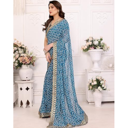 Yashika Women's Printed Georgette Printed Saree With Lace Border and Blouse Material (AZ-YS-P1-SRAVANI BLUE)