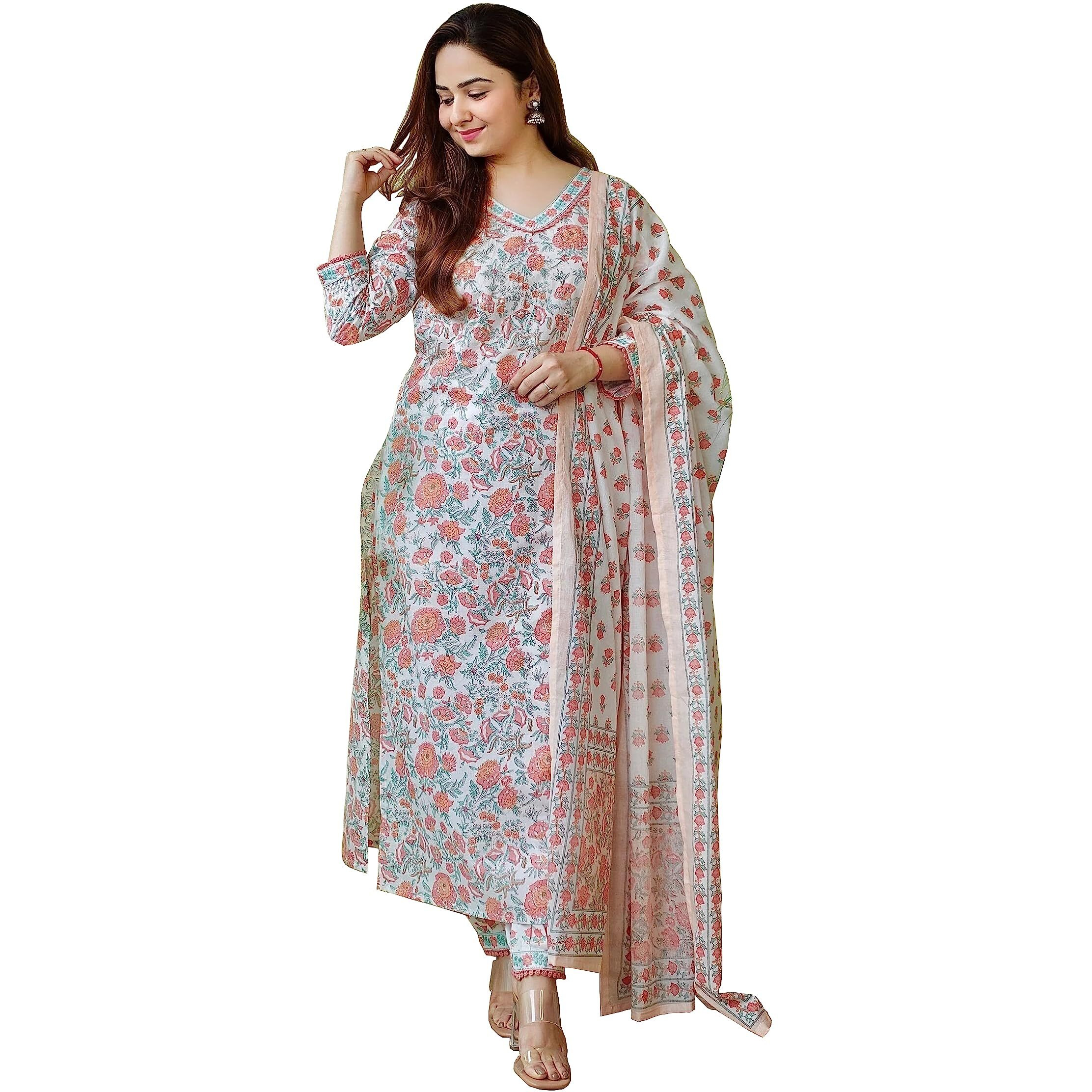 KLOSIA Women Floral Printed Kurta and Pant Set with Dupatta (Medium) White