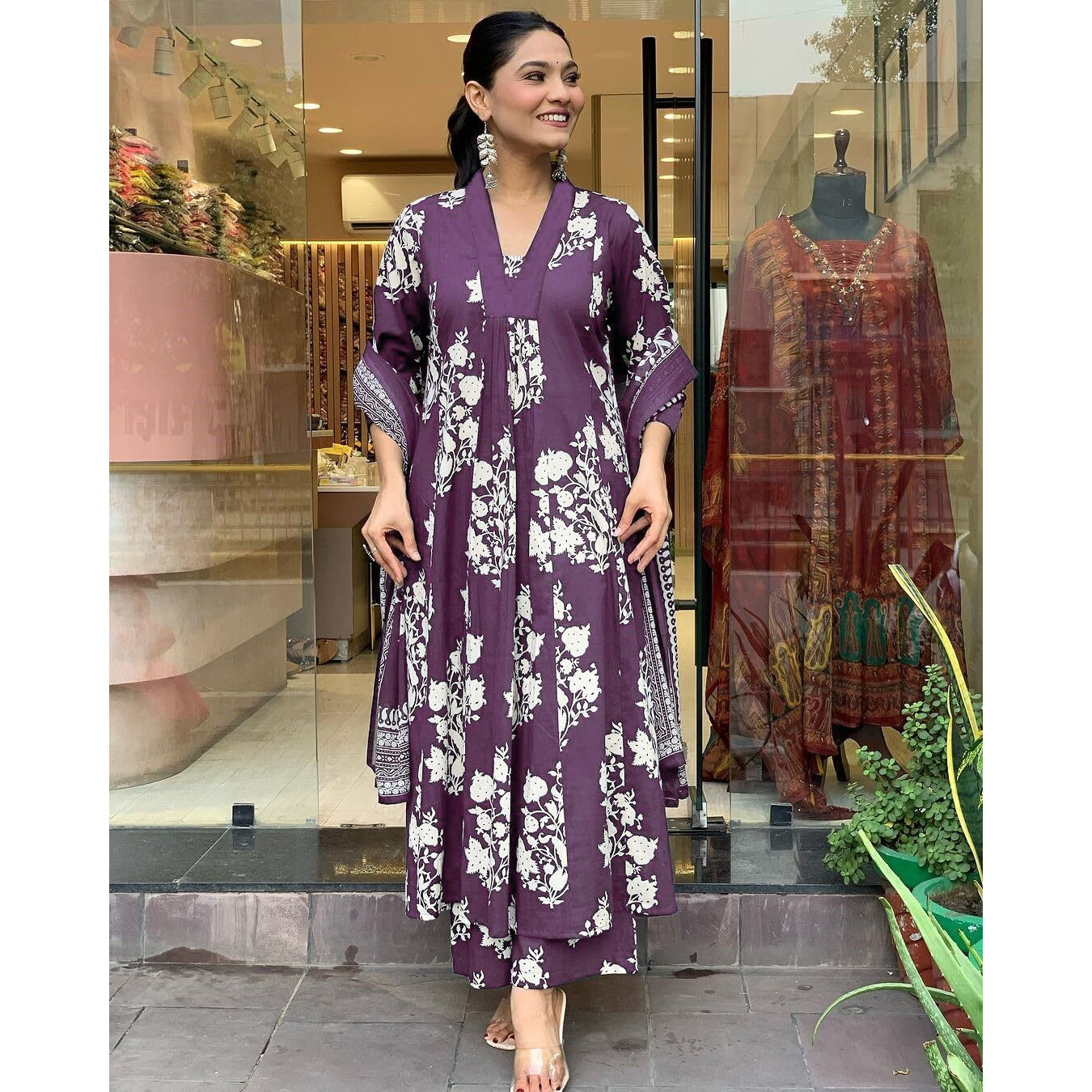ANNI DESIGNER Women's Rayon Viscose Anarkali Printed Kurta with Pant & Dupatta (Jasiwal Purple_L_Purple_Large)