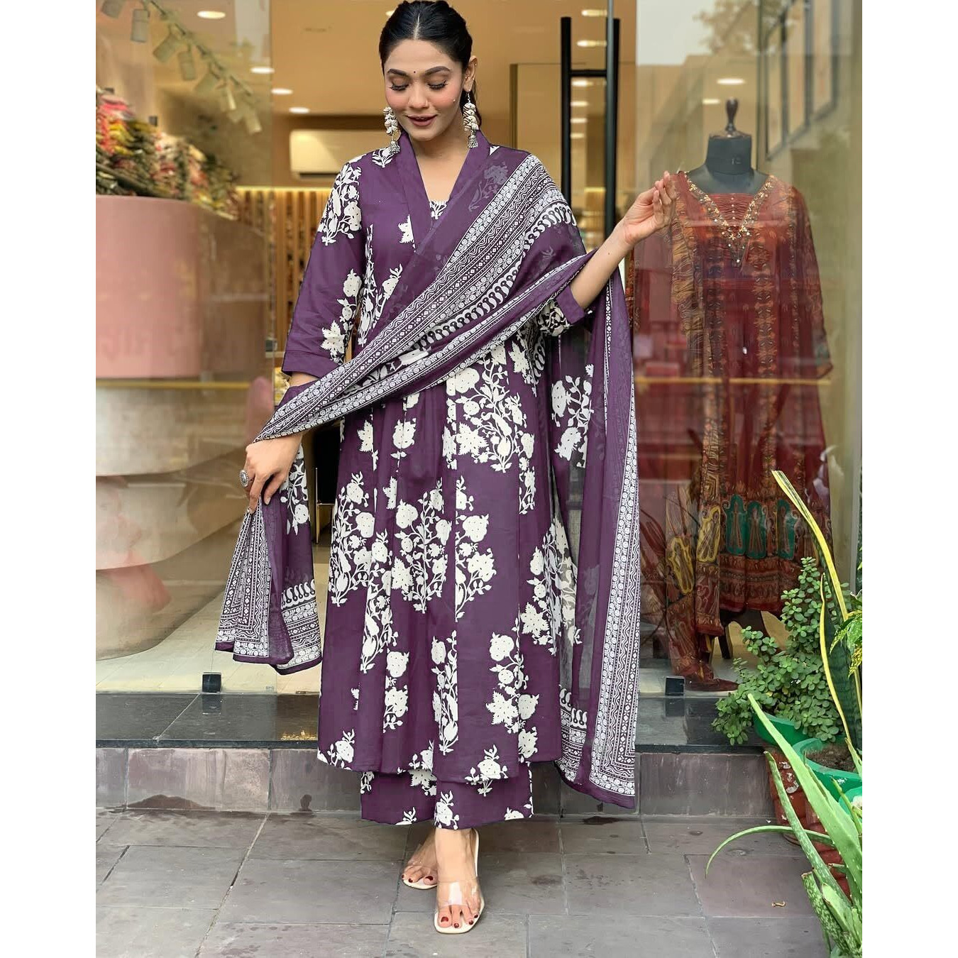 ANNI DESIGNER Women's Rayon Viscose Anarkali Printed Kurta with Pant & Dupatta (Jasiwal Purple_L_Purple_Large)