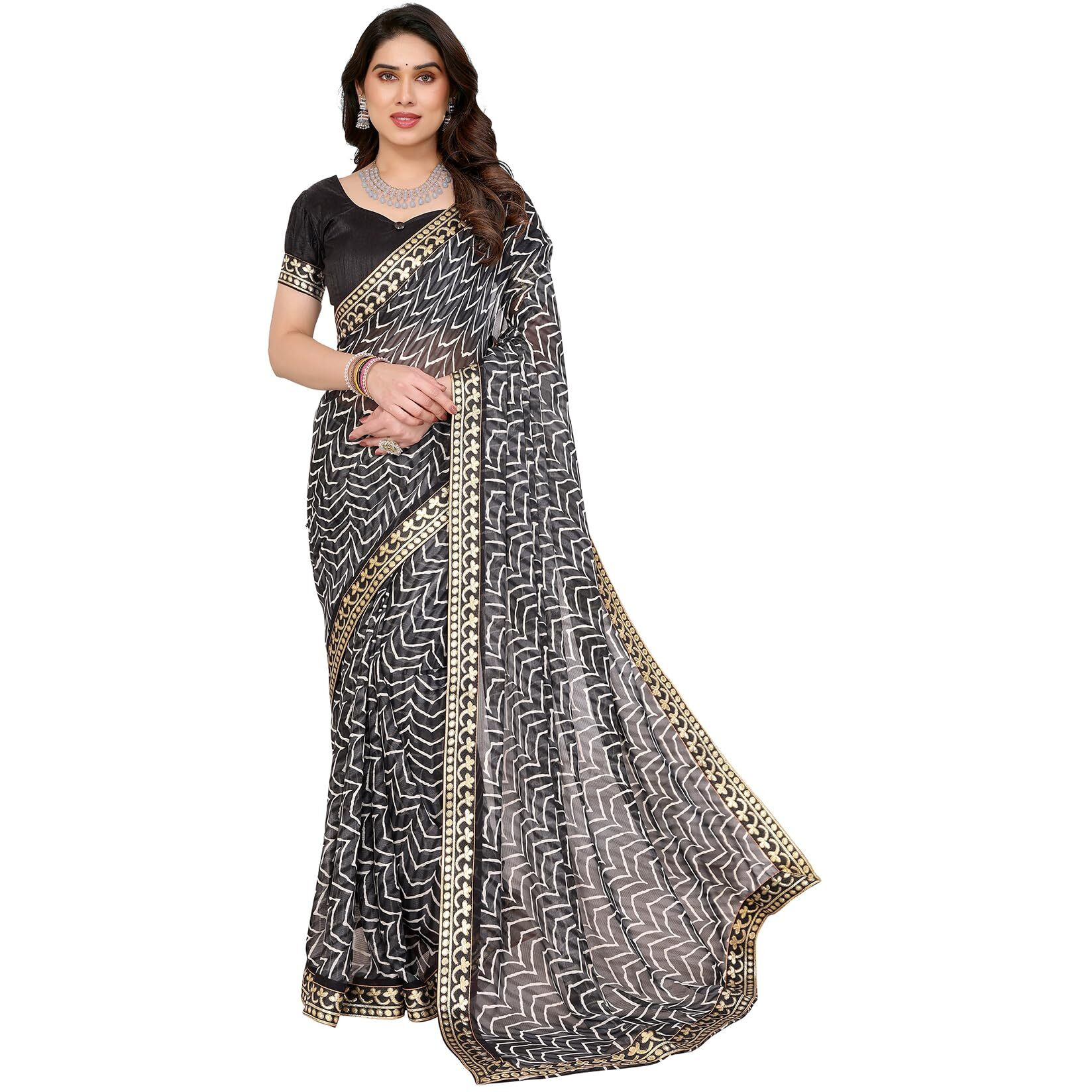 Yashika Women's Printed Georgette Printed Saree With Lace Border and Blouse Material (AZ-YS-P1-SRAVANI BLACK)
