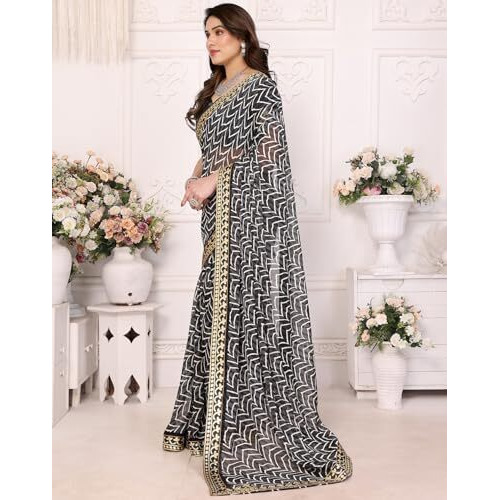 Yashika Women's Printed Georgette Printed Saree With Lace Border and Blouse Material (AZ-YS-P1-SRAVANI BLACK)