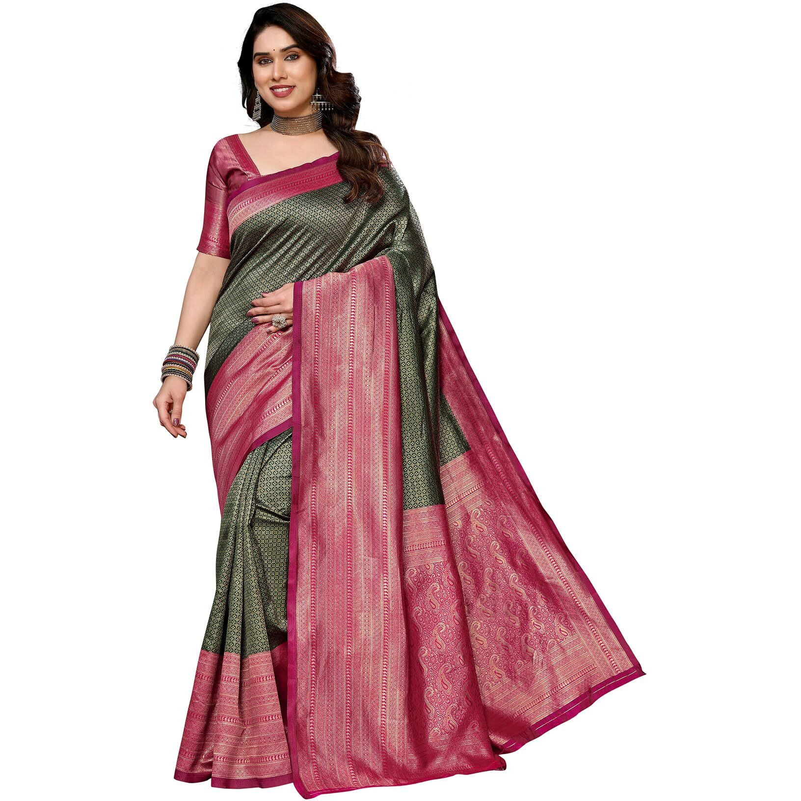Yashika Women's Banarasi Kanjivaram Art Silk Saree with Blouse Material (AZ-YS-P1-YUKTI GREEN)