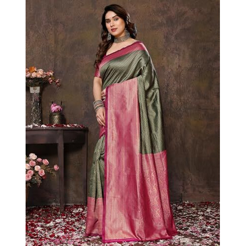 Yashika Women's Banarasi Kanjivaram Art Silk Saree with Blouse Material (AZ-YS-P1-YUKTI GREEN)