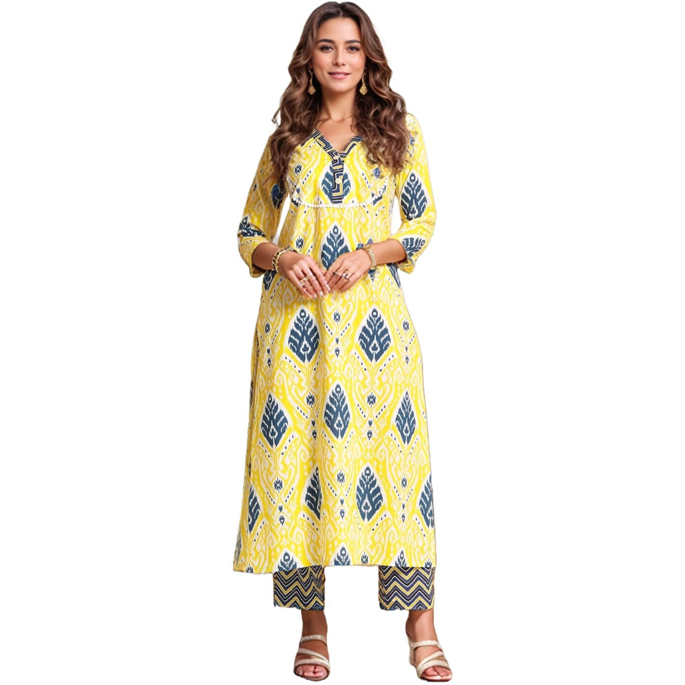 ANNI DESIGNER Women's Rayon Viscose Straight Printed Kurta with Pant (Bechari Yellow_L_Yellow_Large)