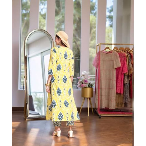 ANNI DESIGNER Women's Rayon Viscose Straight Printed Kurta with Pant (Bechari Yellow_L_Yellow_Large)