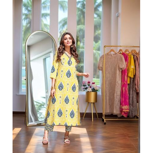 ANNI DESIGNER Women's Rayon Viscose Straight Printed Kurta with Pant (Bechari Yellow_L_Yellow_Large)