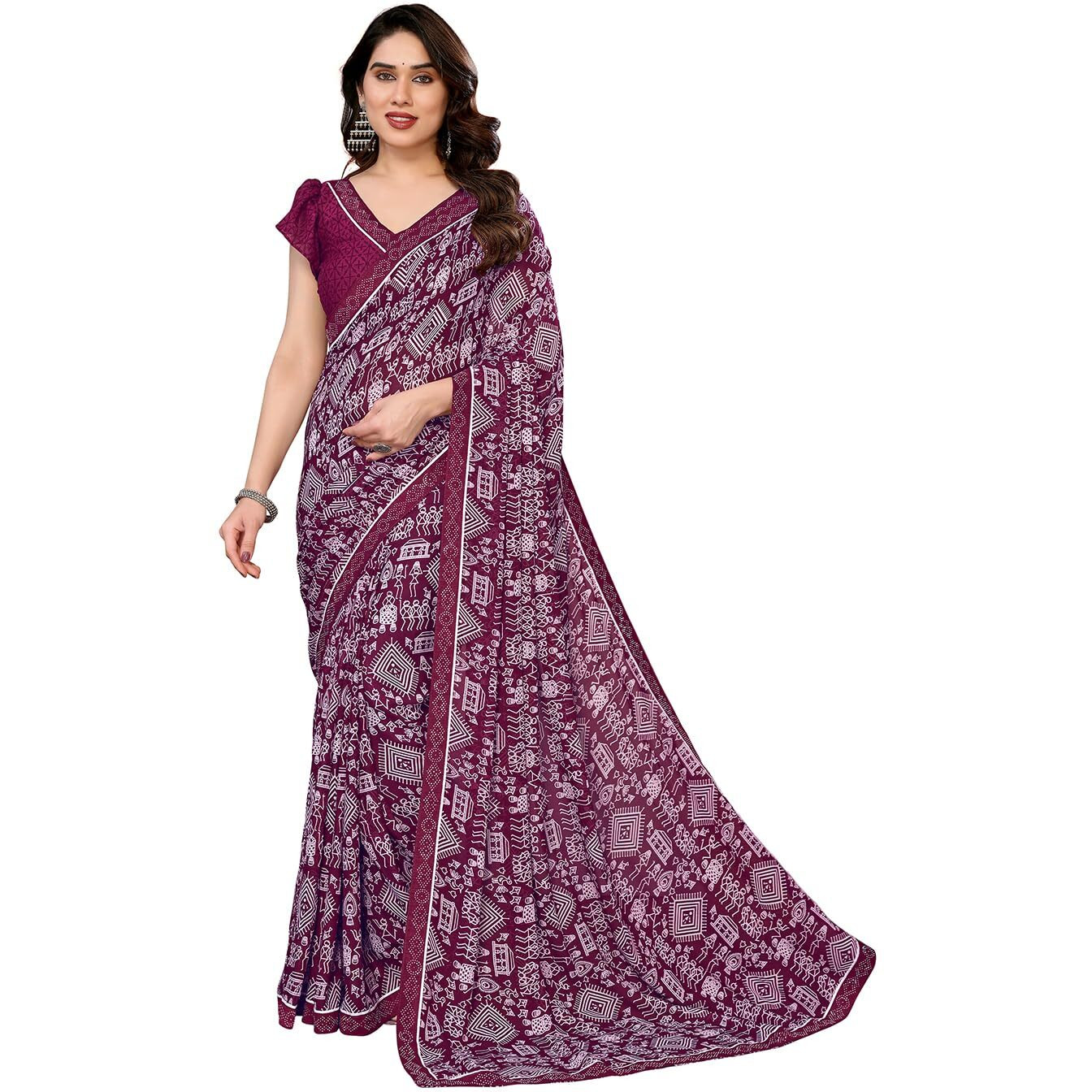Yashika Women's Printed Georgette Saree With Lace Border and Unstitched Blouse Material (AZ-YS-P1-MADHUMATI PURPLE)