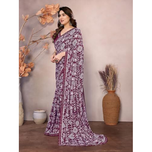 Yashika Women's Printed Georgette Saree With Lace Border and Unstitched Blouse Material (AZ-YS-P1-MADHUMATI PURPLE)