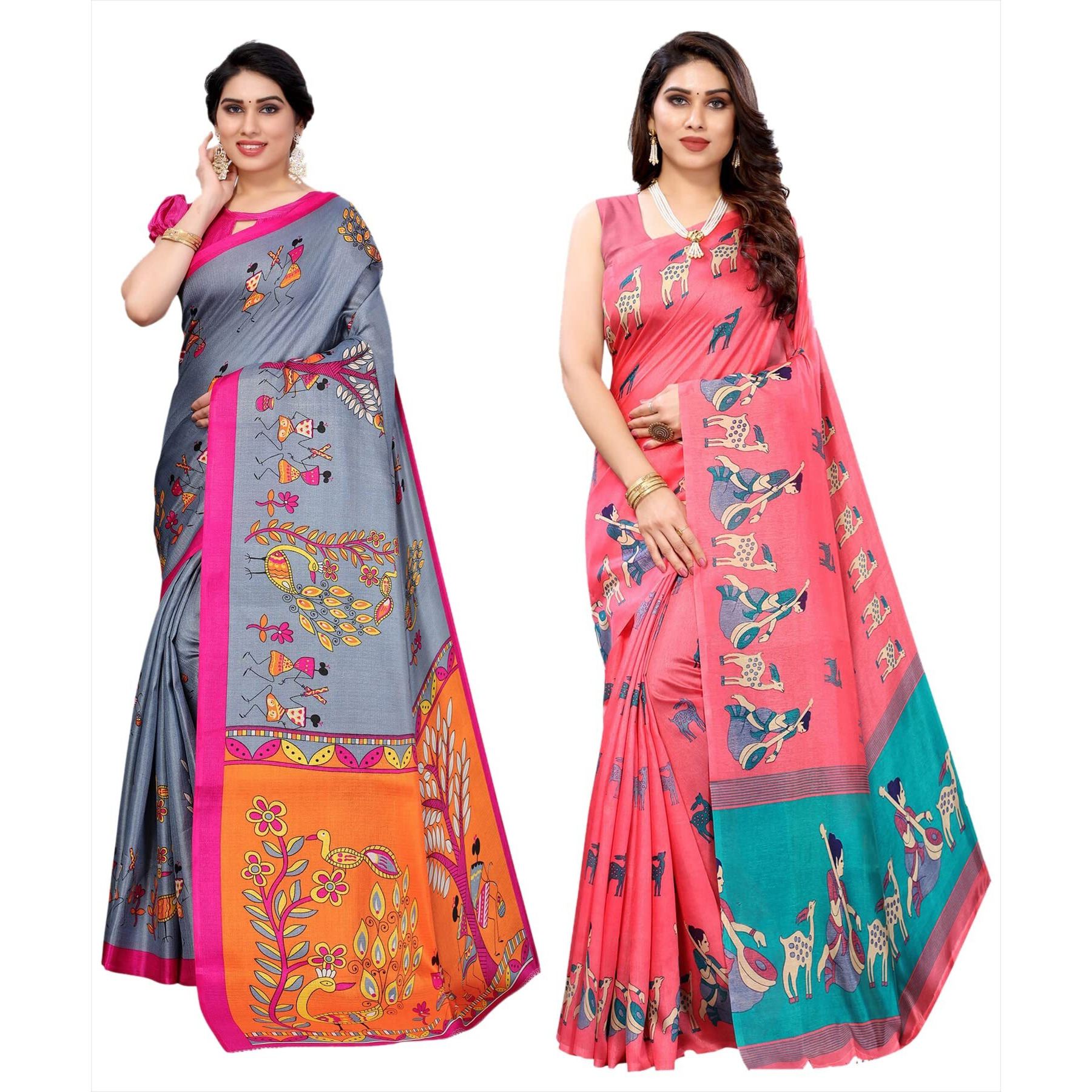 Yashika Women's Combo Art Silk Printed Saree With Blouse Piece Pack Of 2(DANDIYA GREY-MAITHALI PINK)
