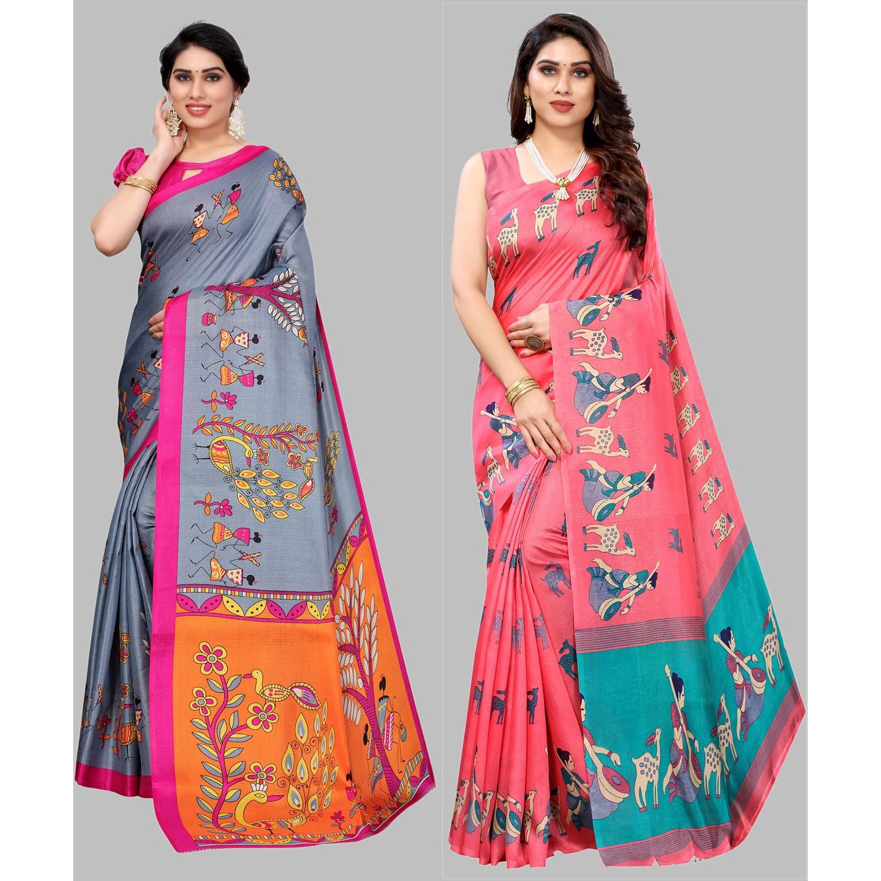 Yashika Women's Combo Art Silk Printed Saree With Blouse Piece Pack Of 2(DANDIYA GREY-MAITHALI PINK)