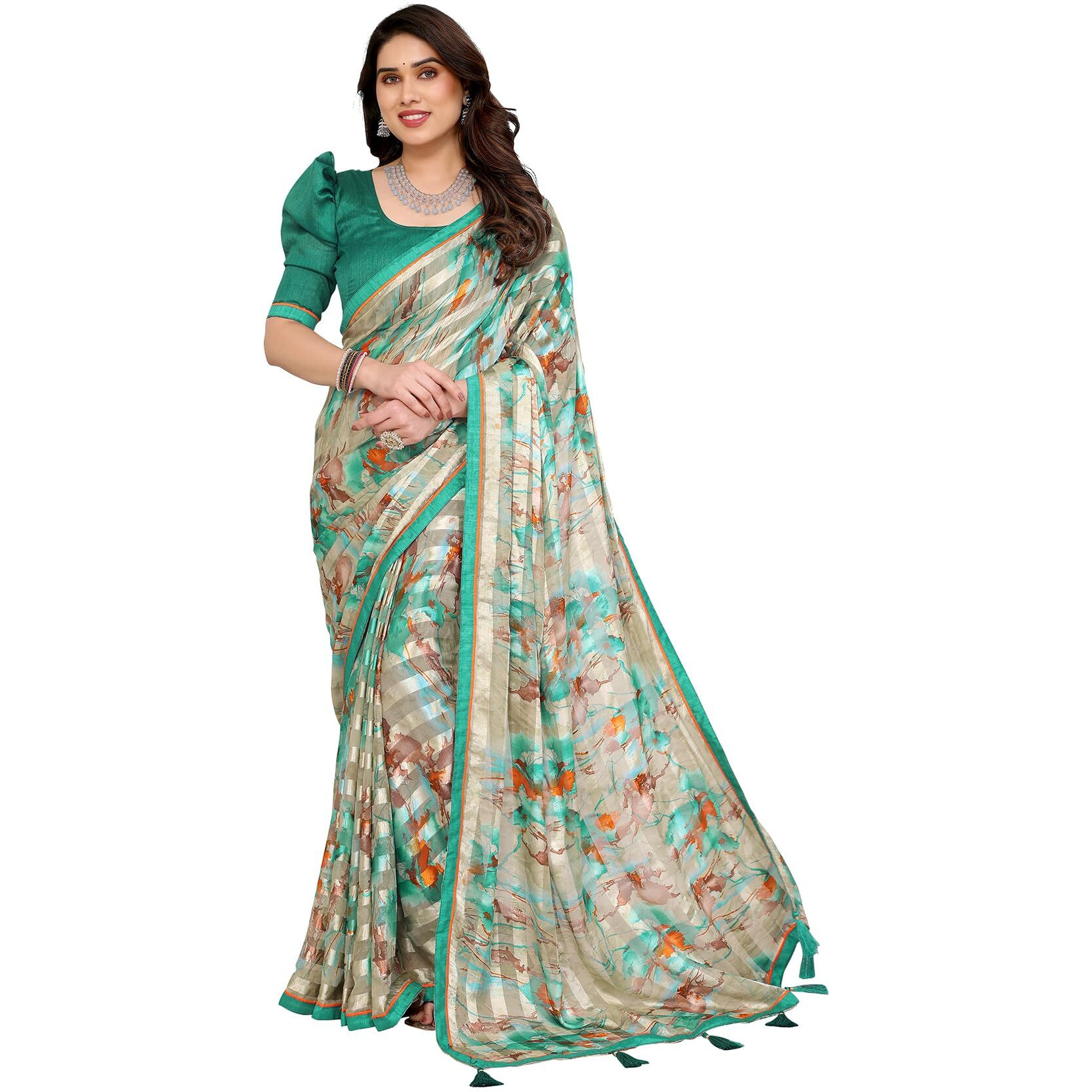 Yashika Women's Printed Georgette Satin Saree with Lace Border and Blouse Material (AZ-YS-P1-SUJATA DARK GREEN)